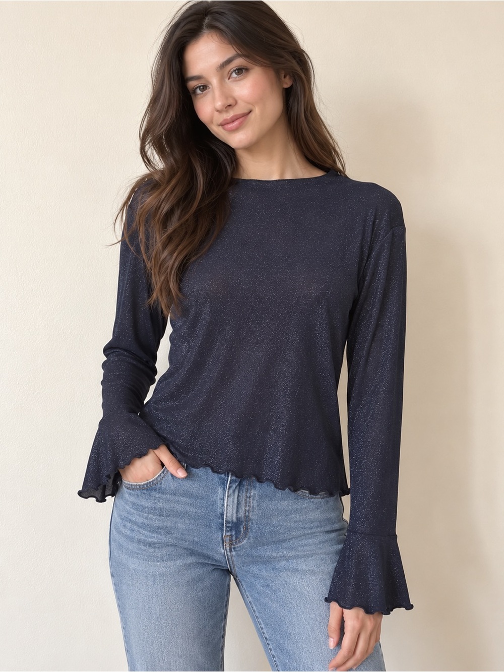 Jessica Simpson Navy Sparkle Long-Sleeve Ruffle Cuff Top
